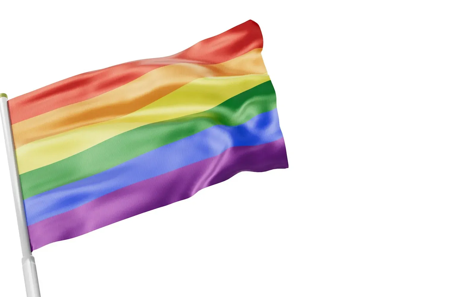 Regenbogenflagge an einem Mast vor weißem Hintergrund