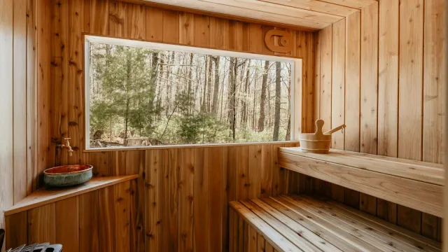 Leere Holzsauna mit großem Panoramafenster zum Wald – Gay Sauna Ablauf und Knigge