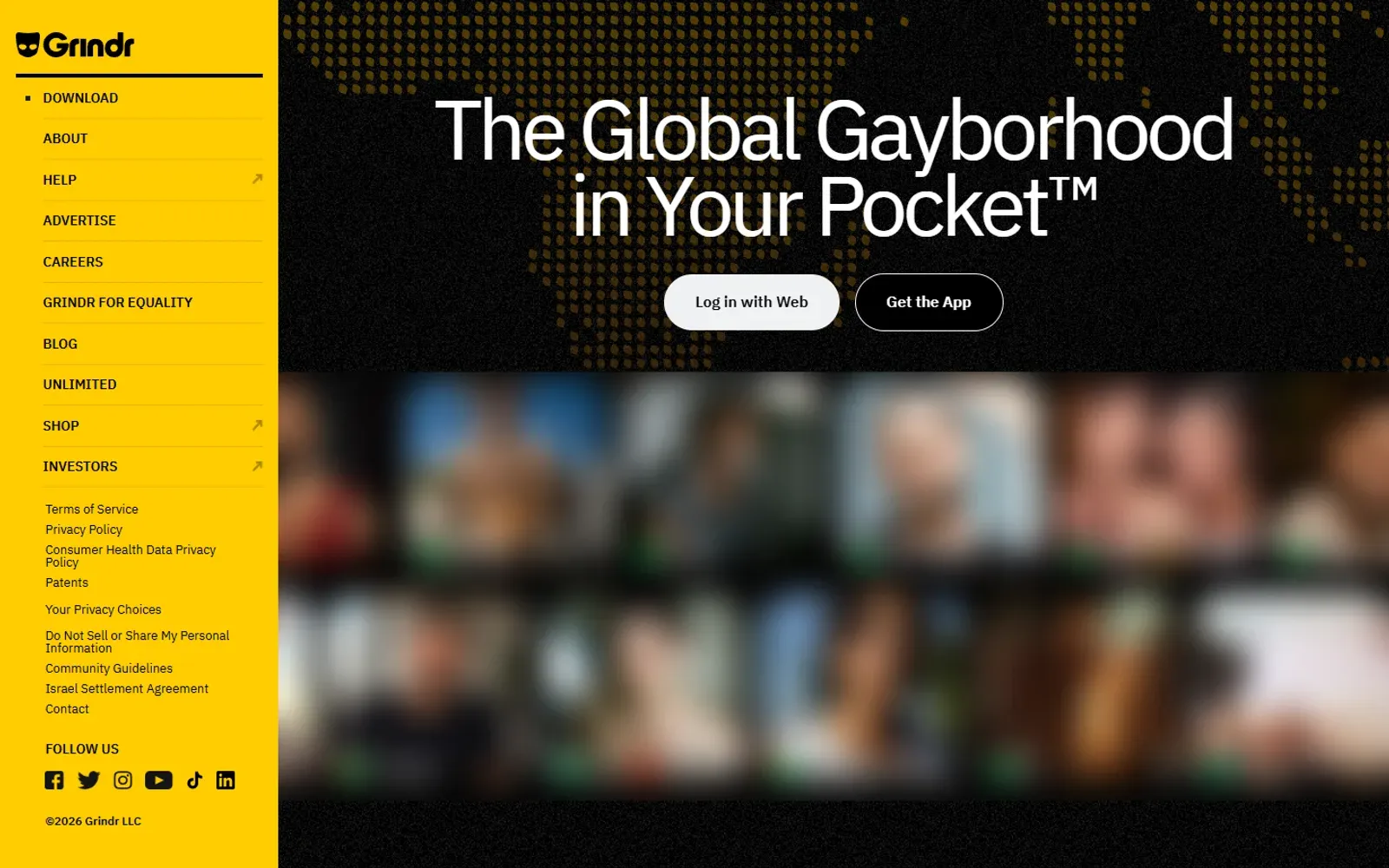 Startseite von Grindr mit Slogan und Profilbildern