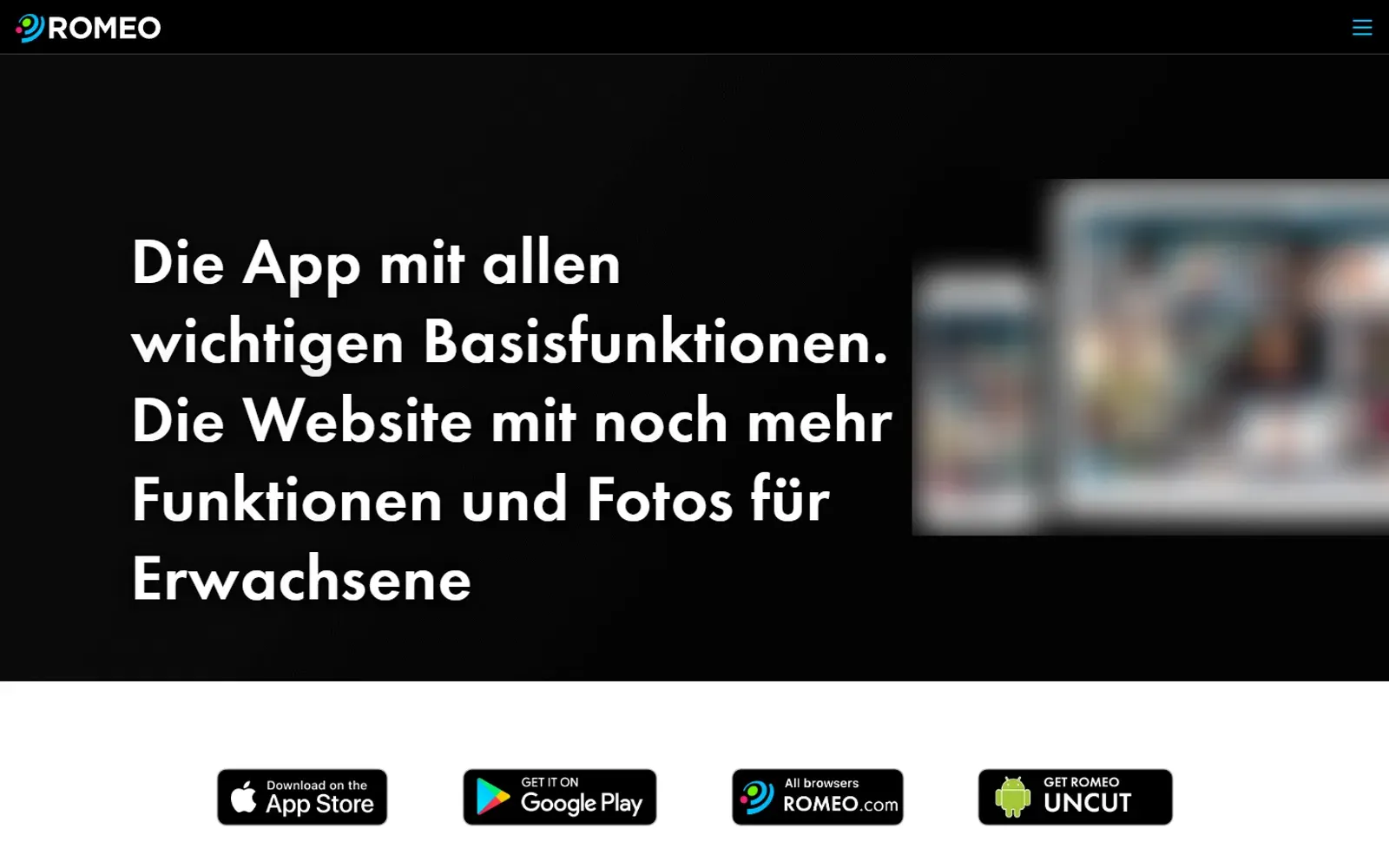 App-Seite von Romeo mit Hinweis auf App und Website
